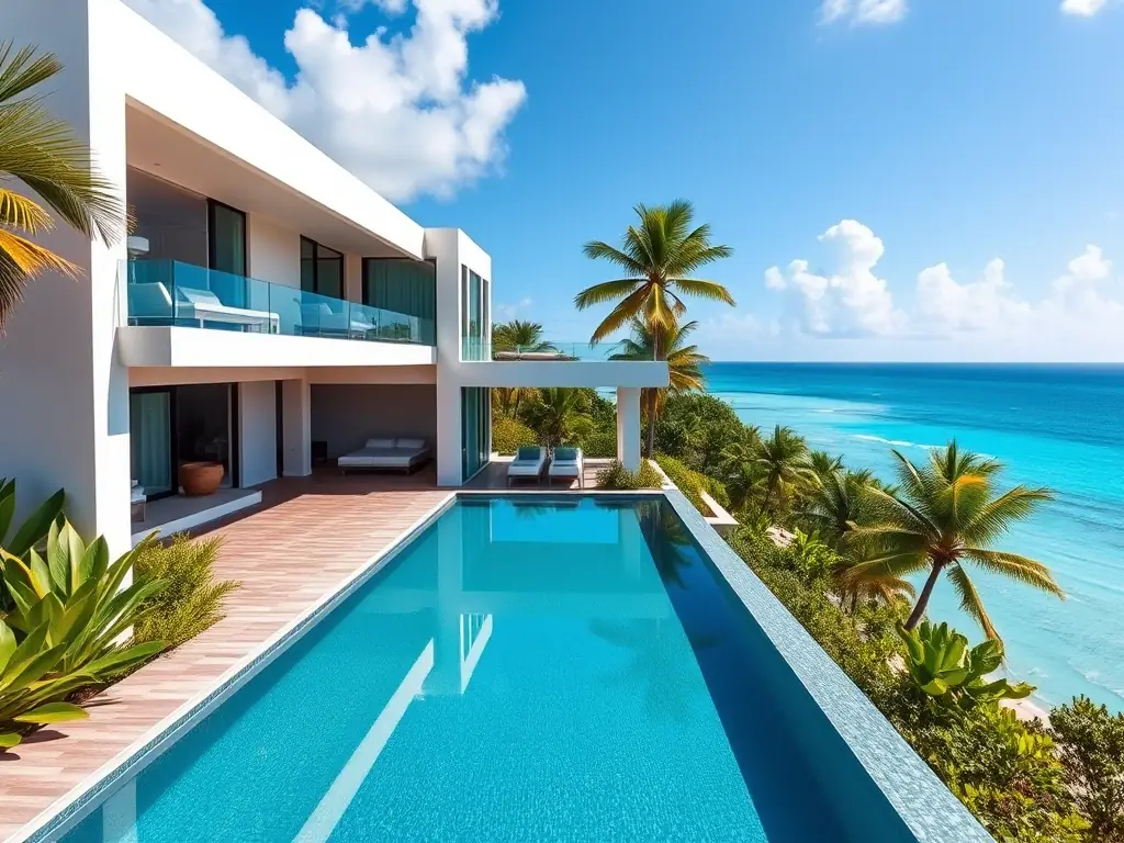 A modern, luxurious villa with an infinity pool overlooking the turquoise ocean in Miches, Dominican Republic, showcasing a prime real estate opportunity.