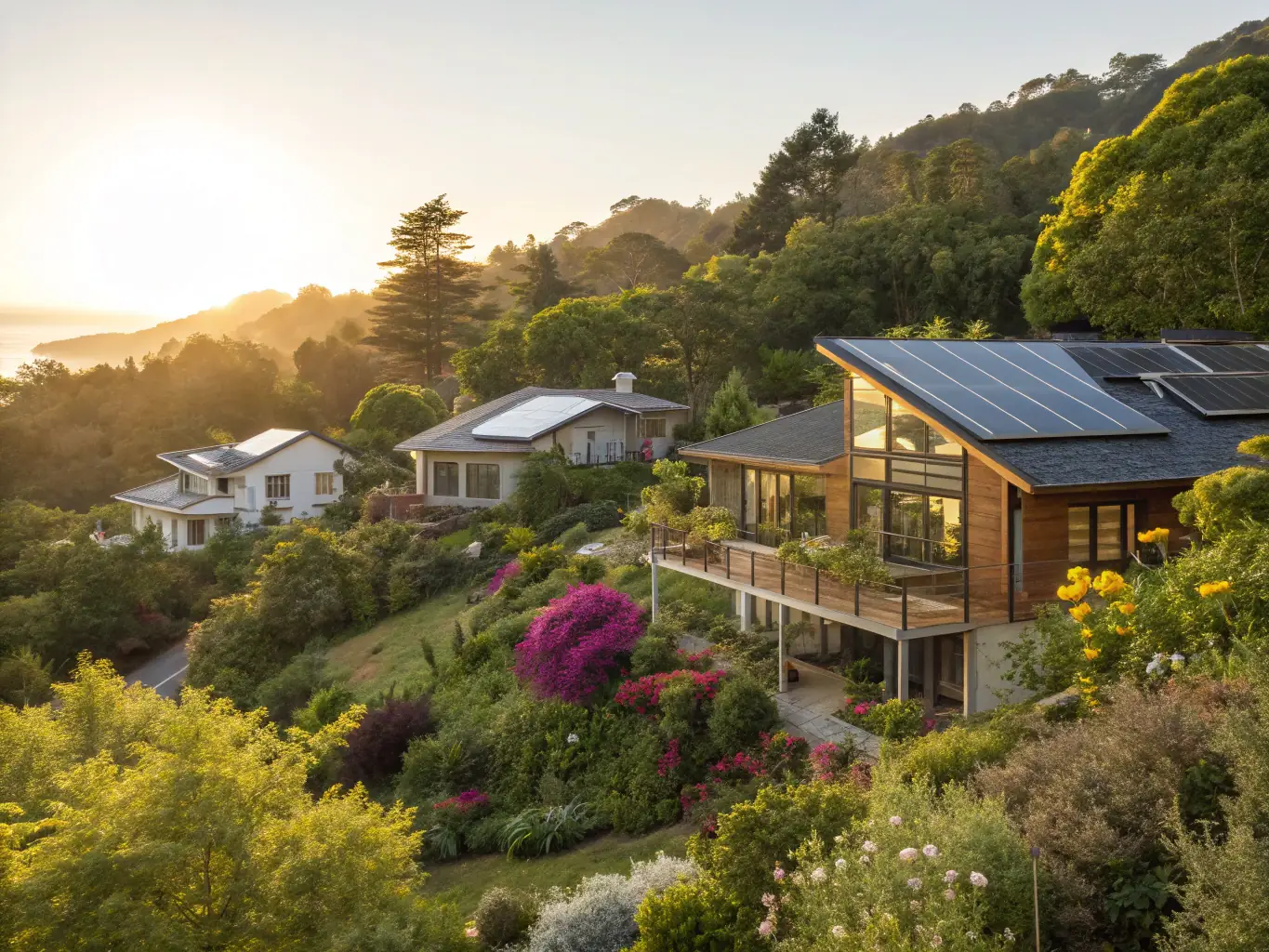 An aerial view of an eco-friendly residential development nestled in the lush green hills of Miches, Dominican Republic, emphasizing sustainable living.