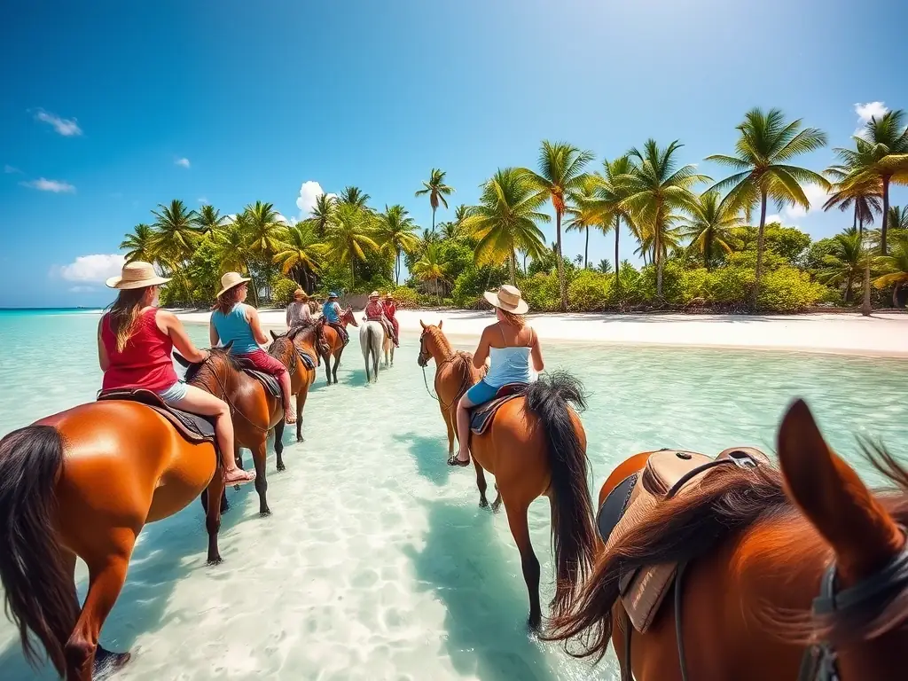 A captivating image of a horseback riding tour along the beach in Miches, showcasing the natural beauty and tranquility of the destination.