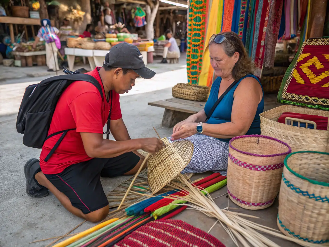 A colorful photo capturing a local artisan in Miches, Dominican Republic, demonstrating traditional crafts to a group of tourists. The image should highlight the rich cultural heritage of the area.